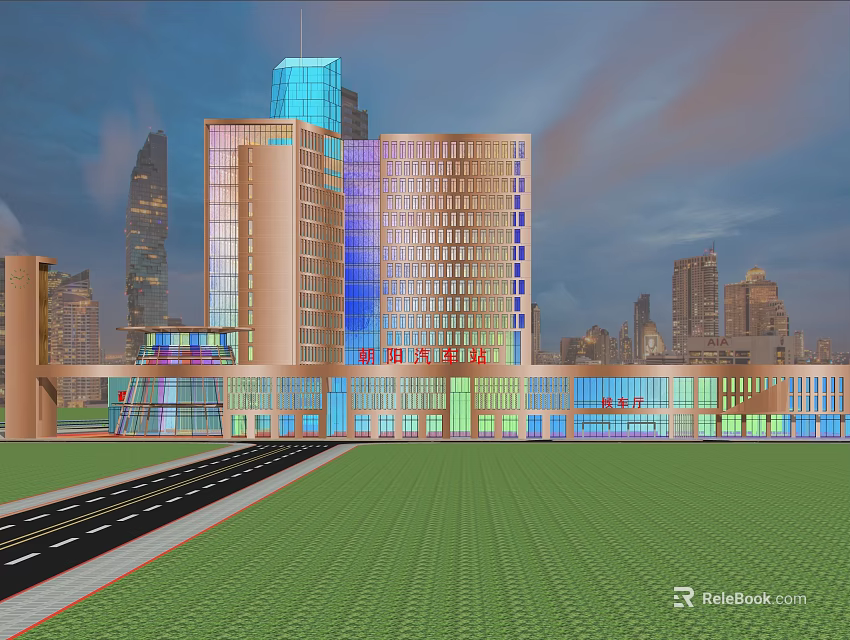 Modern Station Exterior Featuring Glass Curtain Walls Urban Skyline Road And Green Lawn 3d model 