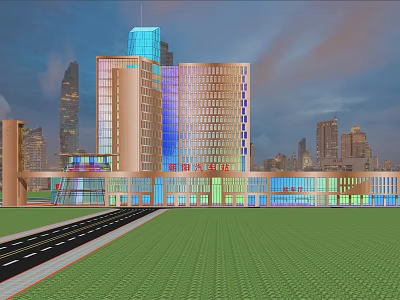 Modern Station Exterior Featuring Glass Curtain Walls Urban Skyline Road And Green Lawn 3d model