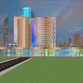 Modern Station Exterior Featuring Glass Curtain Walls Urban Skyline Road And Green Lawn