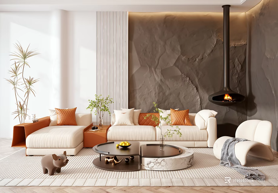 Modern Sofa And Coffee Table Set With Beige Upholstery Orange Pillows Textured Wall And Fireplace 3d model 