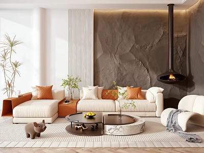 Modern Sofa And Coffee Table Set With Beige Upholstery Orange Pillows Textured Wall And Fireplace 3d model