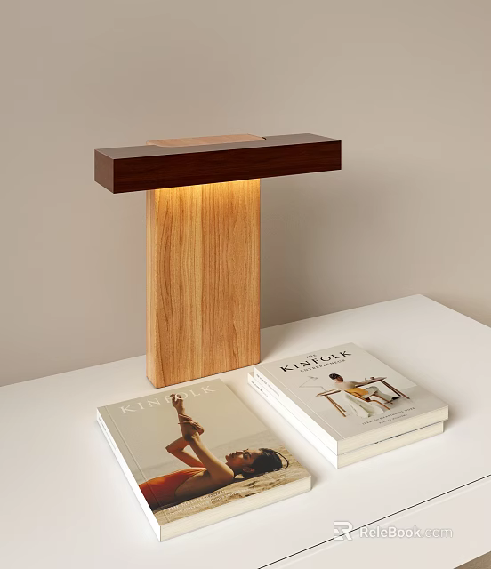 Modern Wooden Table Lamp with Illuminated Base on White Table with Books 3d model 
