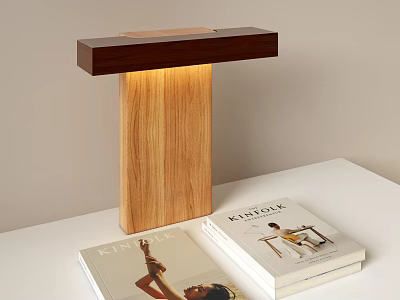 Modern Wooden Table Lamp with Illuminated Base on White Table with Books 3d model