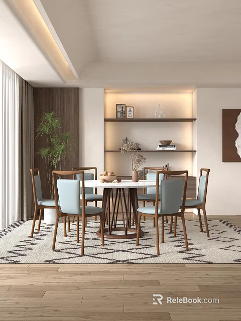 Modern Restaurant Interior With Round White Dining Table Light Blue Chairs And Wooden Shelves 3d model 