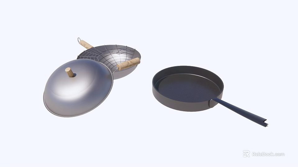 Essential Kitchen Cookware Set With Wooden Handle Pot Lid Mesh Strainer And Frying Pan 3d model 