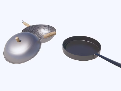 Essential Kitchen Cookware Set With Wooden Handle Pot Lid Mesh Strainer And Frying Pan 3d model