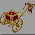 Ancient Decorative Carriage With Golden Frame Red Cushion And Large Wooden Wheels