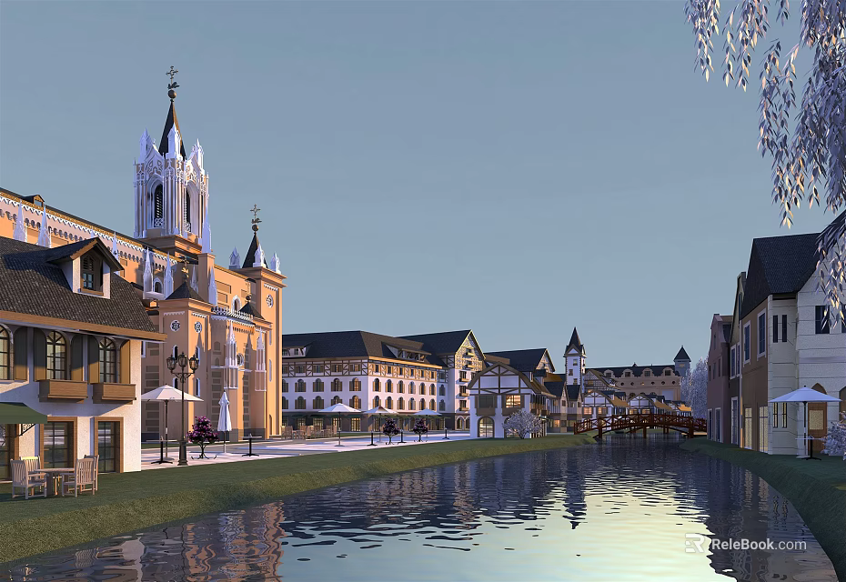 European Style Commercial Street With Riverfront Architecture Shops And Clock Tower 3d model 