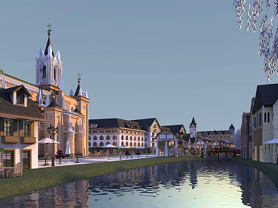 European Style Commercial Street With Riverfront Architecture Shops And Clock Tower 3d model