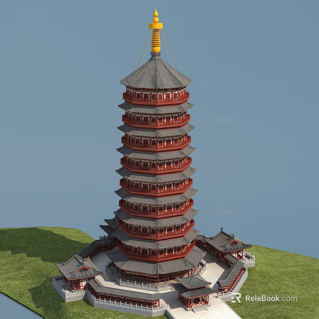 Traditional Chinese Pagoda with Multiple Red Tiers Gray Roof on Green Hill Against Blue Sky 3d model 