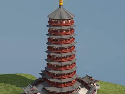 Traditional Chinese Pagoda with Multiple Red Tiers Gray Roof on Green Hill Against Blue Sky 3d model