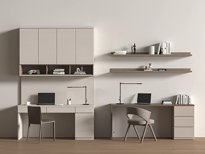Modern Minimalist Dual Desks Interior With Laptops Table Lamps Shelves And Cabinets 3d model