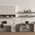 Modern Minimalist Dual Desks Interior With Laptops Table Lamps Shelves And Cabinets