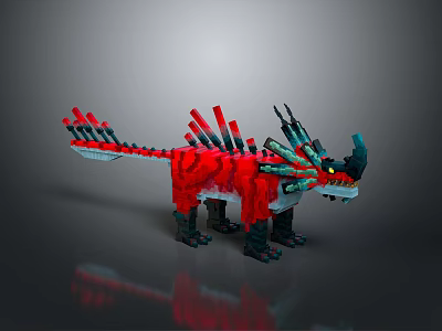 Pixel Style Dragon Creature With Red Spiked Tail Blue Head Black Mechanical Legs 3d model