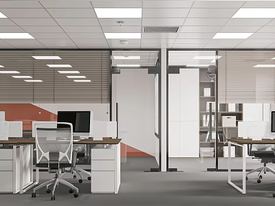 Modern Public Office Space Interior With Open Workstations Desks Computers And Glass Partitions 3d model