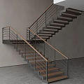 Modern Double Flight Staircase Design With Wooden Steps Metal Railings Gray Walls And Gray Floor