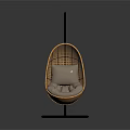 Woven Rattan Single Chair With Oval Shape Gray Cushion And Black Metal Stand