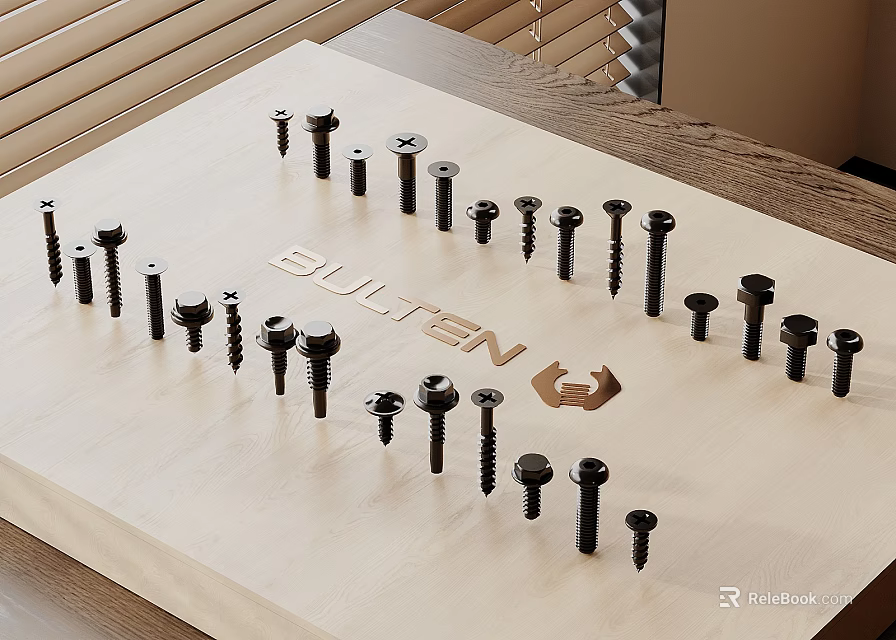 Various Hardware Tools Bolts Arranged On Wooden Tray With BULTEN Logo 3d model 