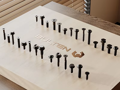 Various Hardware Tools Bolts Arranged On Wooden Tray With BULTEN Logo 3d model