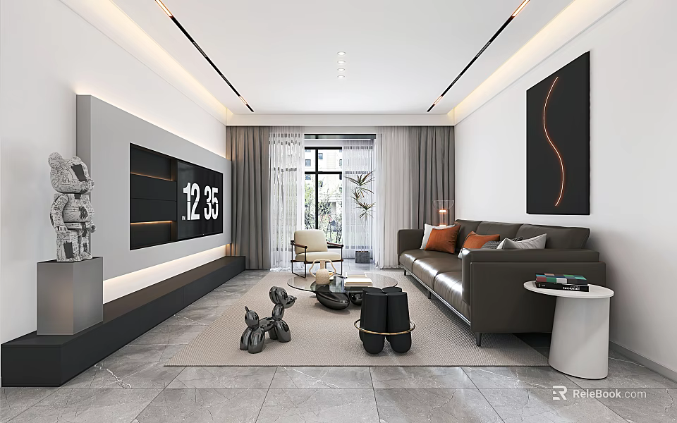 Modern Living Dining Room Interior With Gray Sofa Orange Cushions TV Wall And Sculptures 3d model 
