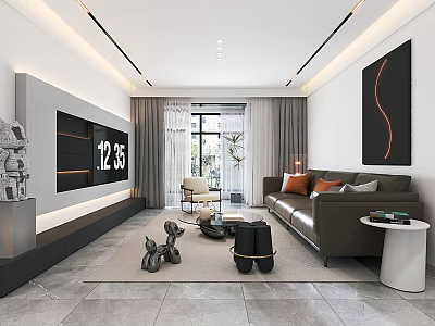 Modern Living Dining Room Interior With Gray Sofa Orange Cushions TV Wall And Sculptures 3d model