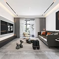 Modern Living Dining Room Interior With Gray Sofa Orange Cushions TV Wall And Sculptures