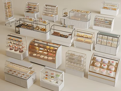 Attractive Dessert Shop Glass Display Cases With Fresh Cakes Pastries And Cookies 3d model