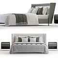 Modern Double Bed With Striped Bedspread Gray Pillows And Matching Nightstands 3d model
