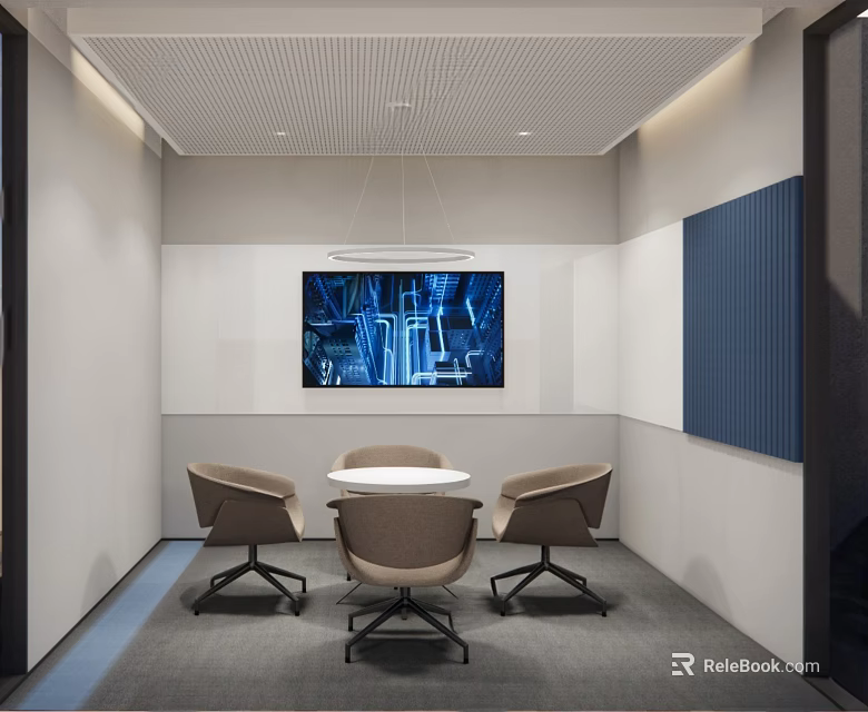 Modern Meeting Room With Round Table Four Chairs Gray Walls Blue Panel And Large Screen 3d model 
