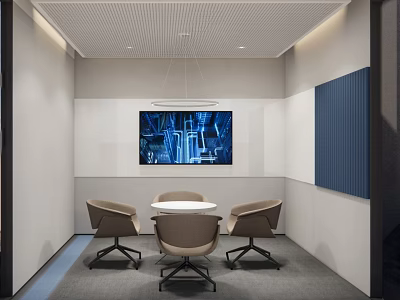 Modern Meeting Room With Round Table Four Chairs Gray Walls Blue Panel And Large Screen 3d model