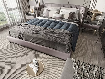 Modern Double Bed With Upholstered Headboard Blue Mattress Gray Blanket And Nightstands 3d model