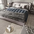 Modern Double Bed With Upholstered Headboard Blue Mattress Gray Blanket And Nightstands