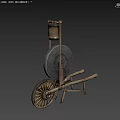 Ancient Wooden Wheelbarrow With Large Wheel And Hanging Bucket Structure