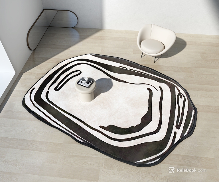 Stylish Abstract Rug with Black and White Pattern on Light Wooden Floor and White Chair 3d model 