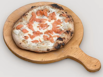Delicious Salmon Pizza On Wooden Peel With Creamy Topping And Crispy Crust 3d model