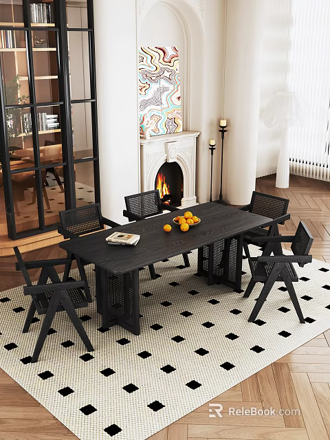 Modern Restaurant Interior With Black Dining Table Chairs Fireplace Artwork Checkerboard Rug And Oranges 3d model 