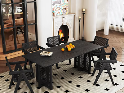 Modern Restaurant Interior With Black Dining Table Chairs Fireplace Artwork Checkerboard Rug And Oranges 3d model
