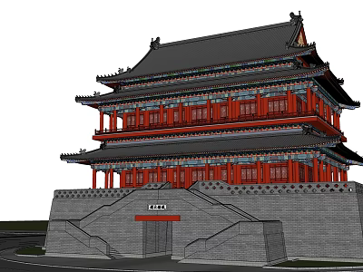 Traditional Chinese Architecture With Multiple Stories Red Structure Gray Brick Wall And Overhanging Eaves 3d model