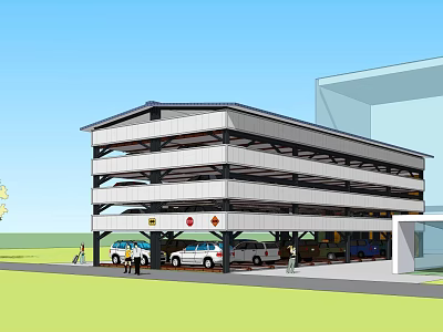 Modern Multi Level Parking Garage With Parked Cars And Adjacent Building Structure 3d model