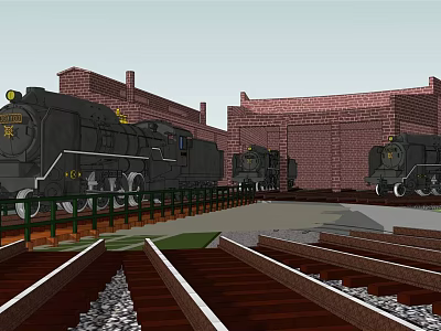 Vintage Black Steam Locomotives At Railway Yard With Red Brick Buildings 3d model