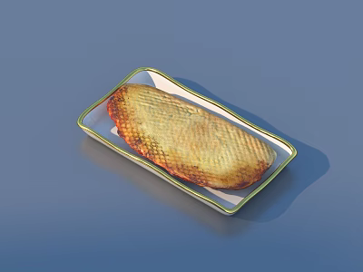Golden Grilled Fish On Rectangular Plate With Green Rim And Crispy Surface Texture 3d model