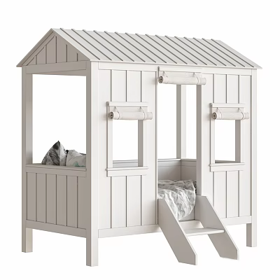 White House Shaped Wooden Baby Bed With Windows Slide Ladder And Safe Design For Kids 3d model