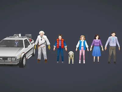 Classic Film Characters Standing with DeLorean Time Machine Car and Dog 3d model