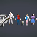 Classic Film Characters Standing with DeLorean Time Machine Car and Dog