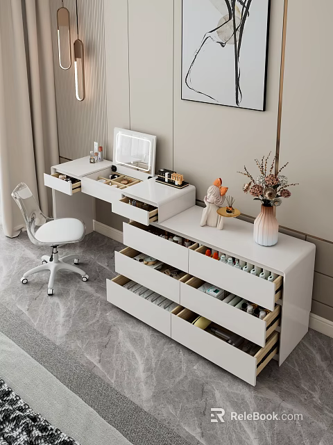 Elegant Modern White Dressing Table With Mirror Chair Drawers Cosmetics And Decorative Vase 3d model 