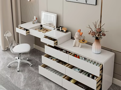 Elegant Modern White Dressing Table With Mirror Chair Drawers Cosmetics And Decorative Vase 3d model