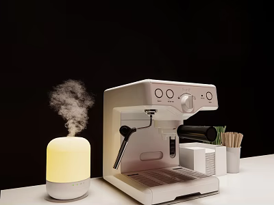 Modern Kitchen Coffee Machine With Steam And Green Herbs On Countertop 3d model