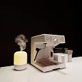 Modern Kitchen Coffee Machine With Steam And Green Herbs On Countertop