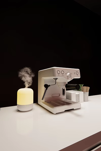 Modern Kitchen Coffee Machine With Steam And Green Herbs On Countertop 3d model