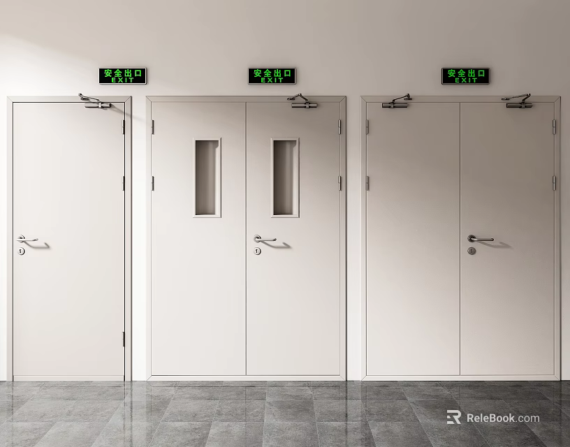 White Emergency Exit Doors With Green Signs And Glass Windows In Building Interior 3d model 